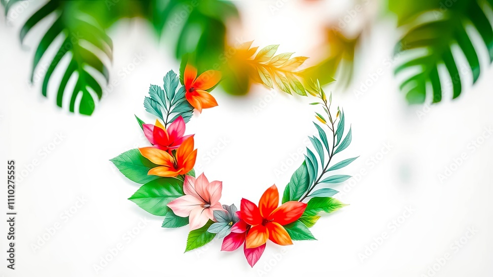 Naklejka premium Vibrant Floral Wreath with Tropical Leaves on White Background, Ideal for Invitations, Cards, and Design Projects