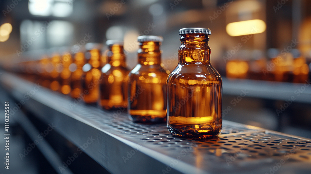 row of empty amber glass bottles arranged on an assembly line symbolizing the concept of mass production, industrial work, and the potential for transformation or repurposing in a creative setting row of empty amber glass bottles arranged on an assembly line symbolizing the concept of mass production, industrial work, and the potential for transformation or repurposing in a creative setting