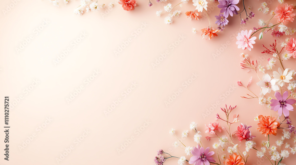 A beautiful layout of colorful flowers on a soft pastel background. A beautiful layout of colorful flowers on a soft pastel background.