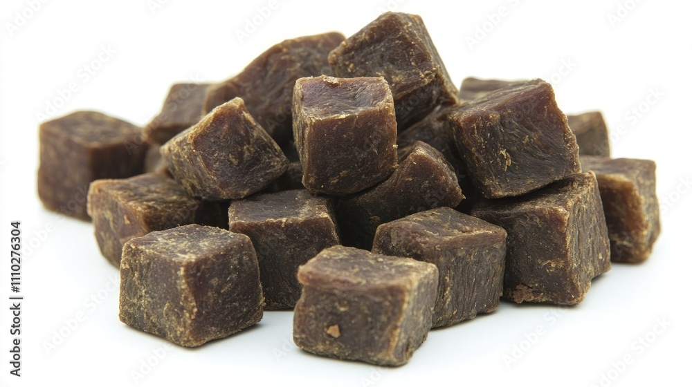 Pile of flavorful beef cubes arranged on a clean white background ideal for culinary photography and food presentations Pile of flavorful beef cubes arranged on a clean white background ideal for culinary photography and food presentations