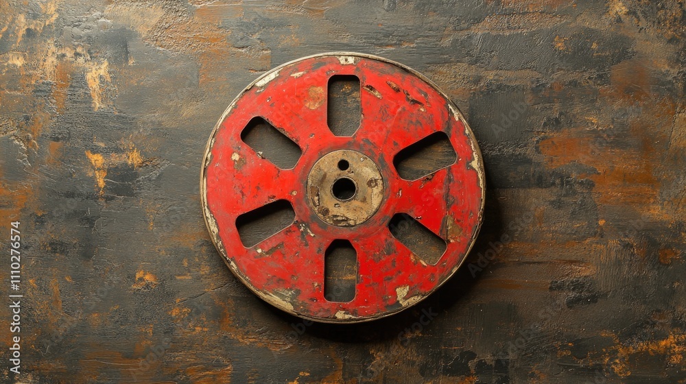Obraz premium Vintage red motion picture film reel against a textured background showcasing the nostalgia of classic cinema and filmmaking history