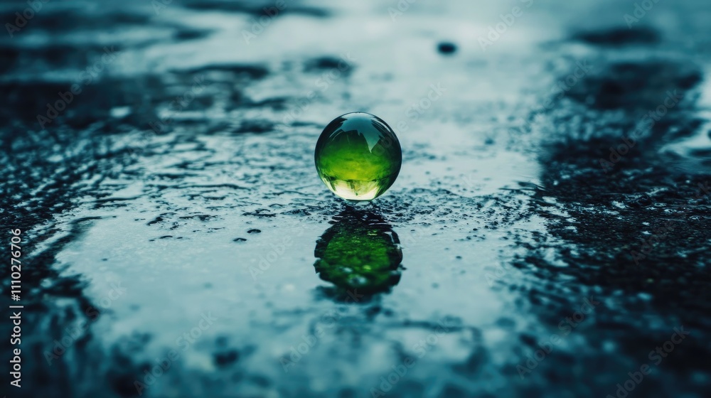 Green glass marble reflecting light on a wet surface creating a serene compositional balance in a muted color palette Green glass marble reflecting light on a wet surface creating a serene compositional balance in a muted color palette