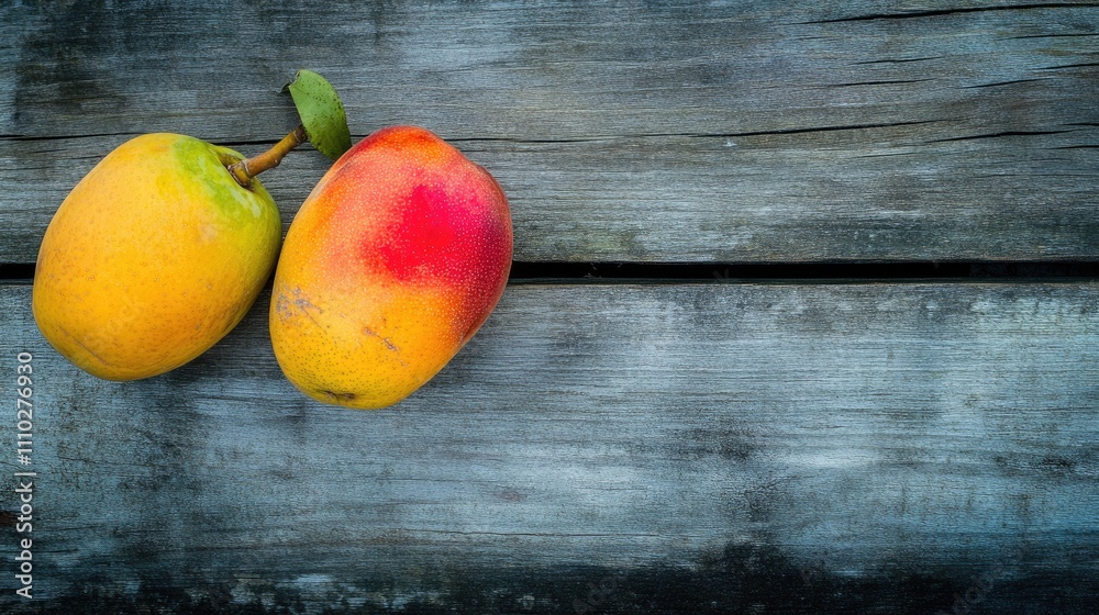 Mango and Papaya Tropical Fruits on Weathered Wood Background with Space for Text or Design Elements Mango and Papaya Tropical Fruits on Weathered Wood Background with Space for Text or Design Elements