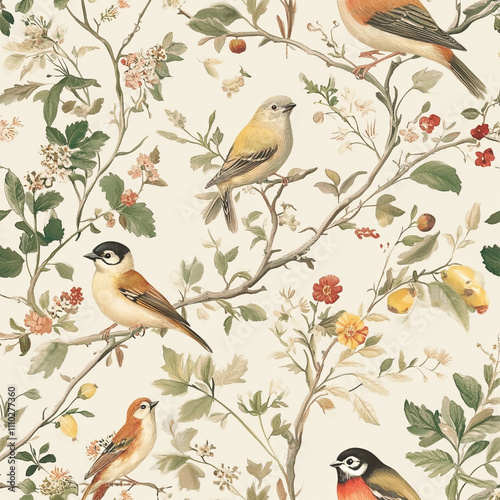 Watercolor Bird and Floral Seamless Pattern