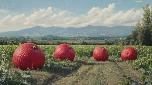 Vibrant field of enormous red pumpkins ready for harvest against a picturesque mountain backdrop under a clear blue sky. photo