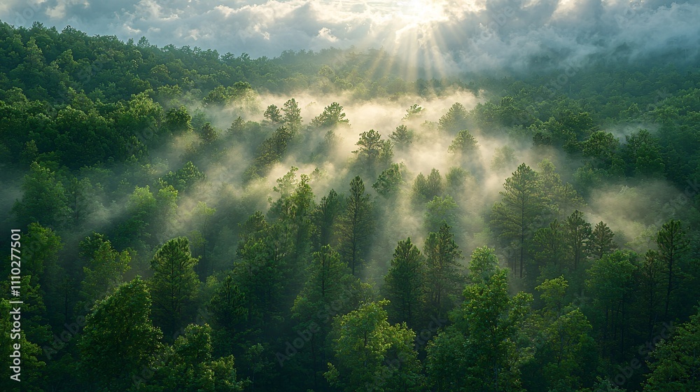 Morning mist envelops lush forest under drifting clouds in serene landscape Morning mist envelops lush forest under drifting clouds in serene landscape