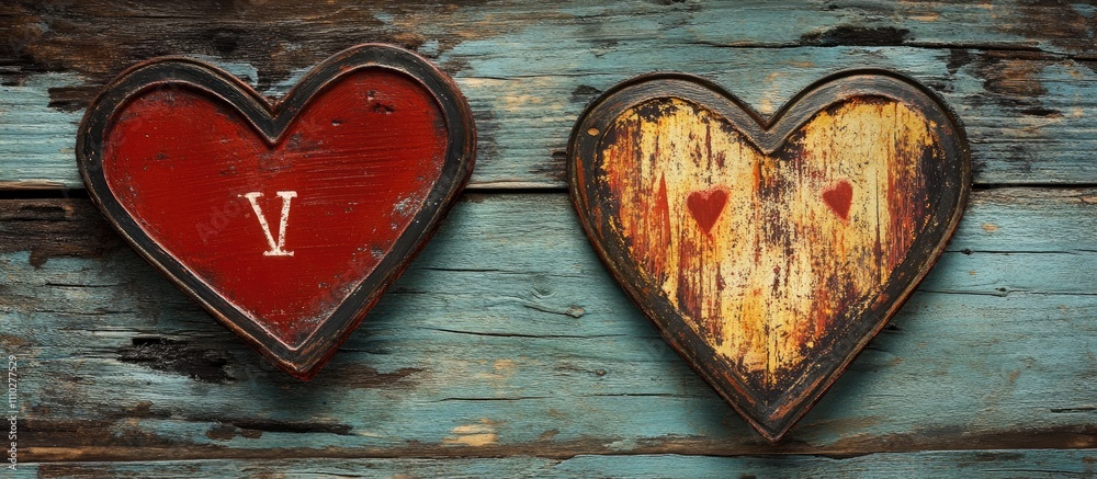 Romantic heart-shaped decorations on a rustic wooden backdrop symbolizing love and affection in vibrant red and distressed colors Romantic heart-shaped decorations on a rustic wooden backdrop symbolizing love and affection in vibrant red and distressed colors
