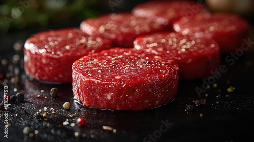 Fresh raw red burger patties arranged on a dark surface with spices for food preparation and culinary presentation. photo