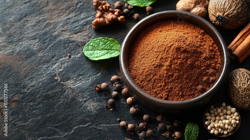 Ground nutmeg in a bowl surrounded by aromatic spices on a dark stone backdrop perfect for culinary designs and text placement photo