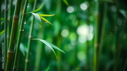 Serene Bamboo Grove Dewdrops Adorn Lush Green Stalks and Vibrant Leaves in a Tranquil Setting