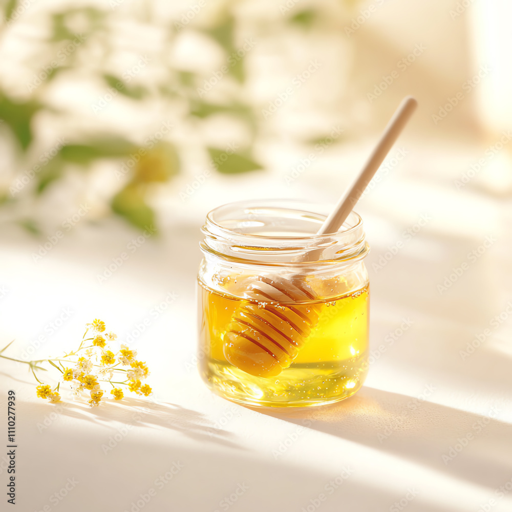 A jar of golden honey with a wooden dipper, surrounded by soft natural light. A jar of golden honey with a wooden dipper, surrounded by soft natural light.