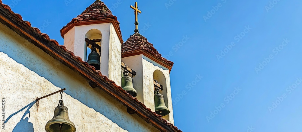 Charming church architecture featuring bell towers against a clear blue sky creating a serene spiritual atmosphere Charming church architecture featuring bell towers against a clear blue sky creating a serene spiritual atmosphere