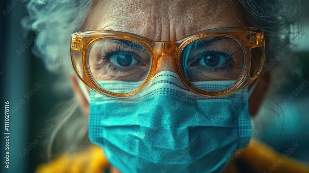 Senior woman in glasses wearing a mask during home visit by nurse for temperature check and medical care in quarantine setting Senior woman in glasses wearing a mask during home visit by nurse for temperature check and medical care in quarantine setting