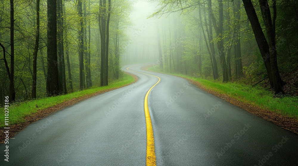 Obraz premium Curved forest road winding through lush greenery in a tranquil misty rainforest ecosystem showcasing nature's serene beauty.