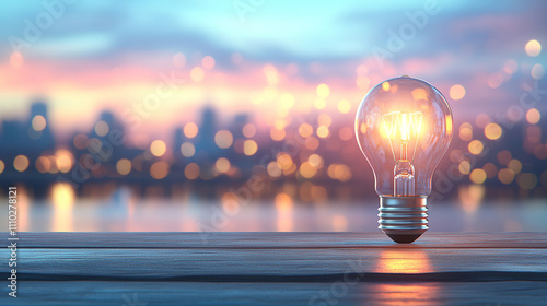 glowing lightbulb on a table against a softly blurred background symbolizes innovation creativity bright ideas and inspiration representing moments of clarity and potential for problem-solving photo