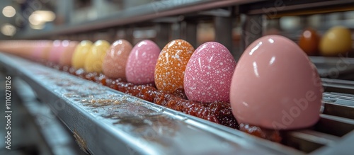 Mass production of colorful plastic Easter eggs on a conveyor belt showcasing festive traditions and holiday manufacturing processes photo