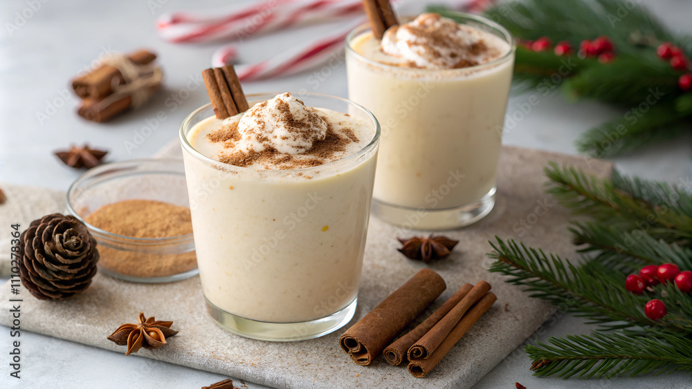 Holiday eggnog smoothie with cinnamon and cream in glasses on marble surface with copy space
Holiday eggnog smoothie with cinnamon and cream in glasses on marble surface with copy space