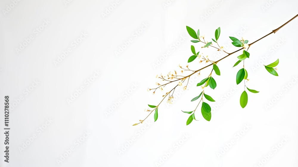 Delicate Branch with Small White Blossoms and Lush Green Leaves Against a Pure White Background Delicate Branch with Small White Blossoms and Lush Green Leaves Against a Pure White Background