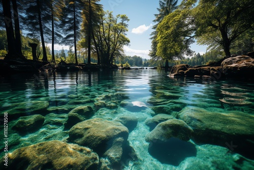 Crystal-clear lake water reveals underwater rocks and lush forest.