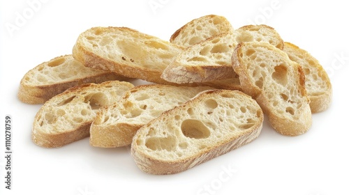 Toasted bread slices displayed on a white background showcasing a crispy texture and rustic appearance for culinary and food photography. photo