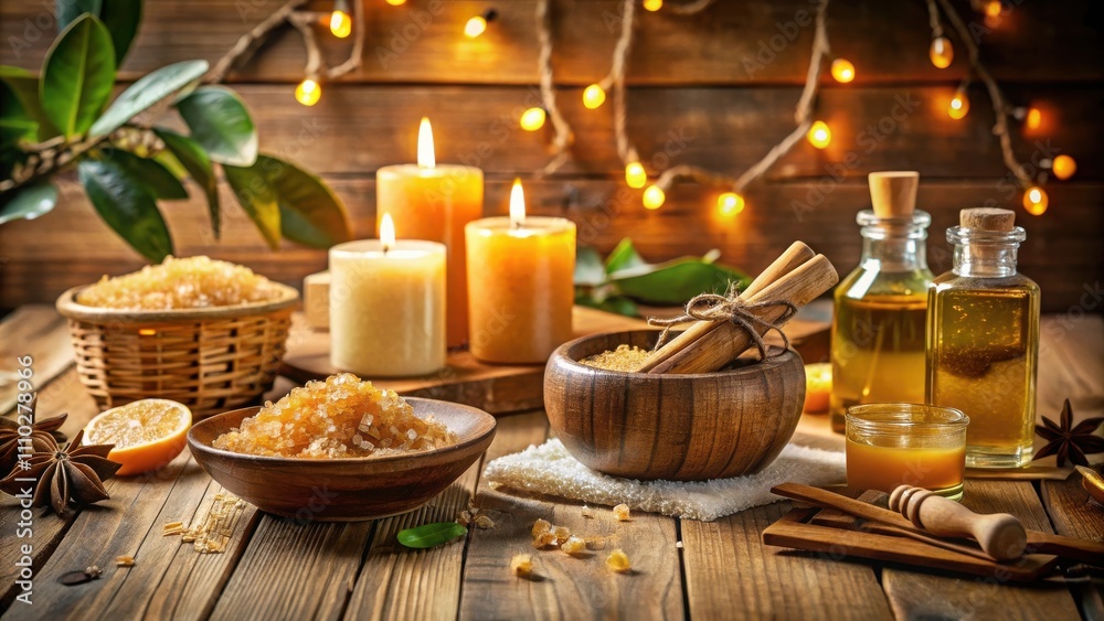 Warm, glowing candles, aromatic oils, and golden sugar crystals set the stage for a luxurious spa experience. Warm, glowing candles, aromatic oils, and golden sugar crystals set the stage for a luxurious spa experience.