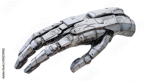 Futuristic robot hand made of lightweight alloys, precise finger gesture, isolated against white