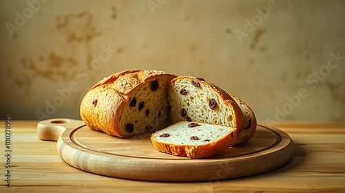 Artisan raisin bread loaf sliced on a wooden board photo