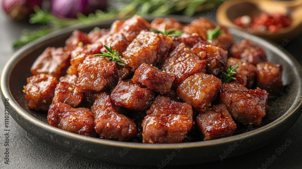 Savory crispy fried pork greaves served on a dark plate with fresh herbs against a blurred kitchen background Savory crispy fried pork greaves served on a dark plate with fresh herbs against a blurred kitchen background