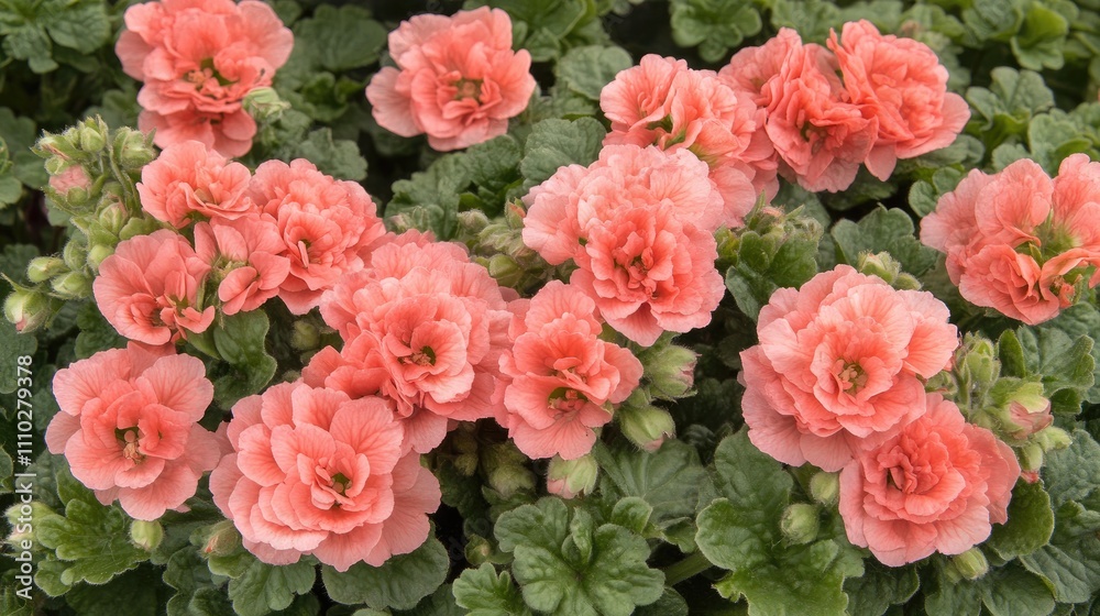 Close-up of vibrant pink garden geranium flowers blooming amid lush green foliage in a well-maintained garden setting. Close-up of vibrant pink garden geranium flowers blooming amid lush green foliage in a well-maintained garden setting.