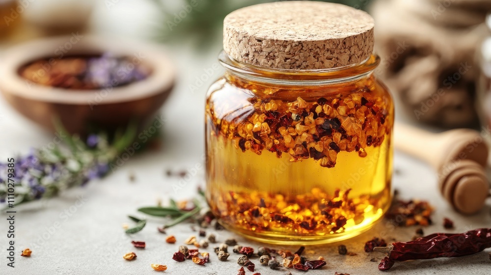 Spicy honey jar with dried chili flakes on a neutral background featuring herbs and cooking elements for culinary themes Spicy honey jar with dried chili flakes on a neutral background featuring herbs and cooking elements for culinary themes