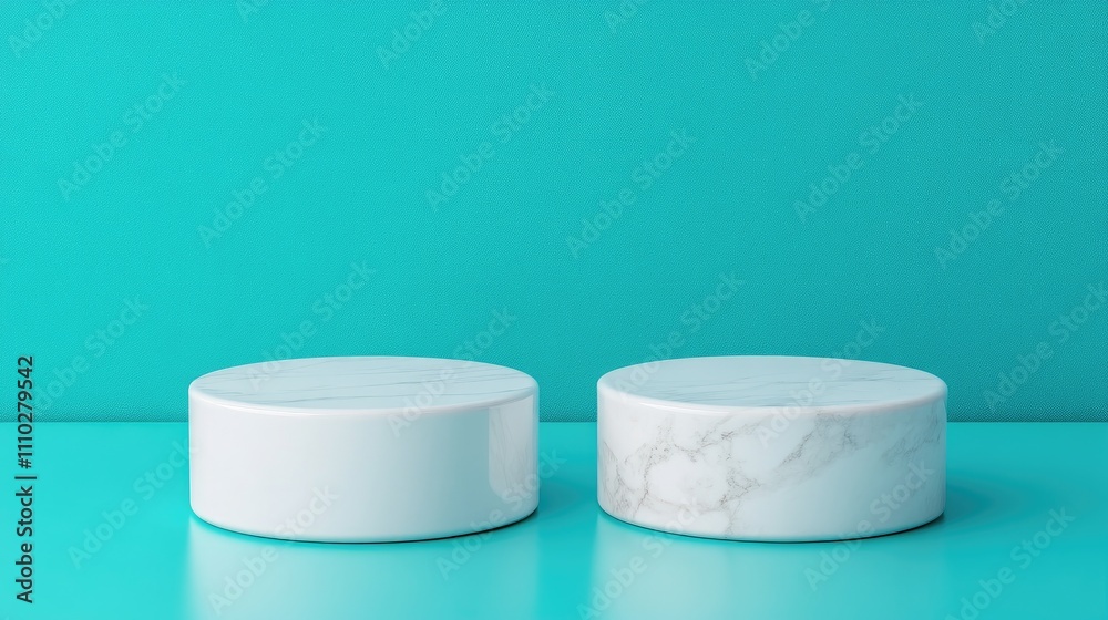 White round podiums for presentations on a vibrant blue background showcasing natural beauty and elegance in minimalistic design. White round podiums for presentations on a vibrant blue background showcasing natural beauty and elegance in minimalistic design.