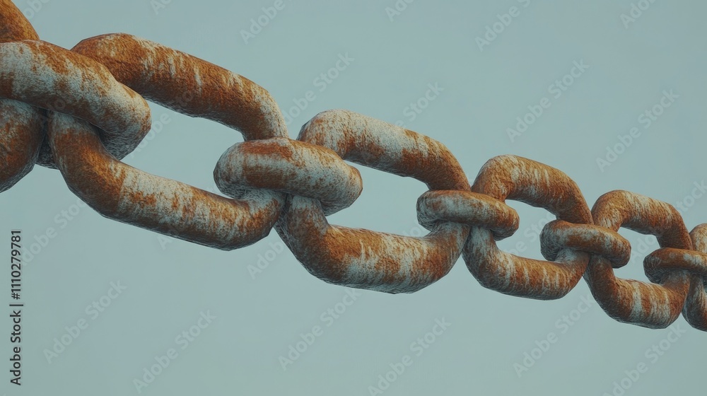 Rusty metal chain link resting underwater showcasing corrosion from salty sea air and the effects of marine environment on metal structures