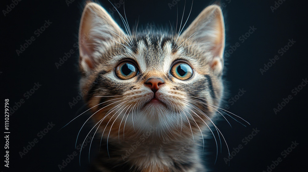 Curious domestic black tabby kitten portrait with expressive eyes against dark background in a studio setting showcasing its beauty and charm Curious domestic black tabby kitten portrait with expressive eyes against dark background in a studio setting showcasing its beauty and charm