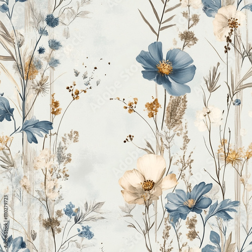 Elegant Blue and Beige Watercolor Floral Pattern
