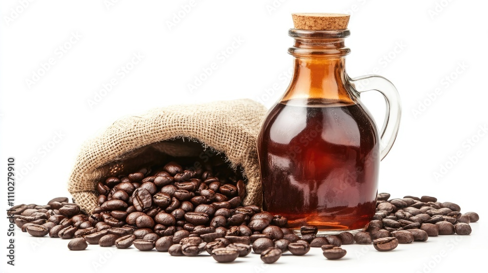 Roasted coffee beans with a glass bottle on a white background showcasing coffee flavor and aroma for culinary and beverage themes Roasted coffee beans with a glass bottle on a white background showcasing coffee flavor and aroma for culinary and beverage themes