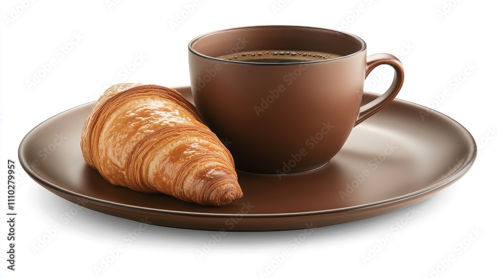 Croissants and coffee elegantly arranged on a brown plate with a minimalist white background for a chic dining experience. Croissants and coffee elegantly arranged on a brown plate with a minimalist white background for a chic dining experience.