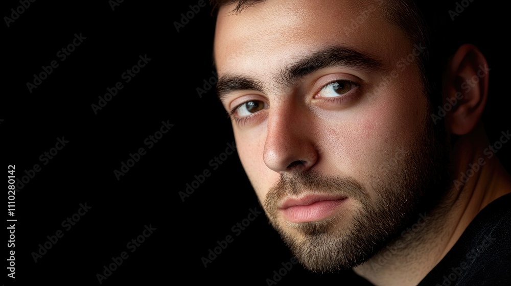 Obraz premium Young man portrait on dark backdrop showcasing intensity and emotion in facial expression and lighting contrast.