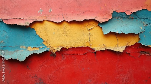 Colorful peeling paint texture on a wall showcasing vibrant red blue and yellow layers creating a rustic artistic background in urban style photo