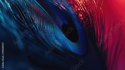 Elegant peacock feather detail with vibrant colors isolated on black background capturing intricate textures and iridescence for creative design. photo