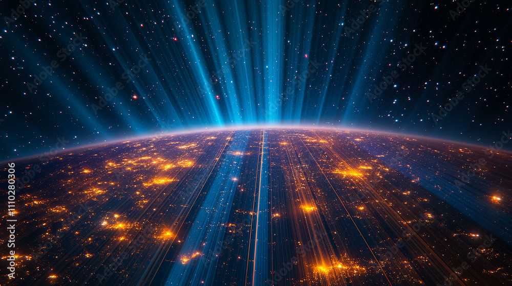 Obraz premium Vibrant colored light rays resembling constellations streaming across a dark cosmic background evoking themes of wonder connection energy and the vast mysteries of the universe