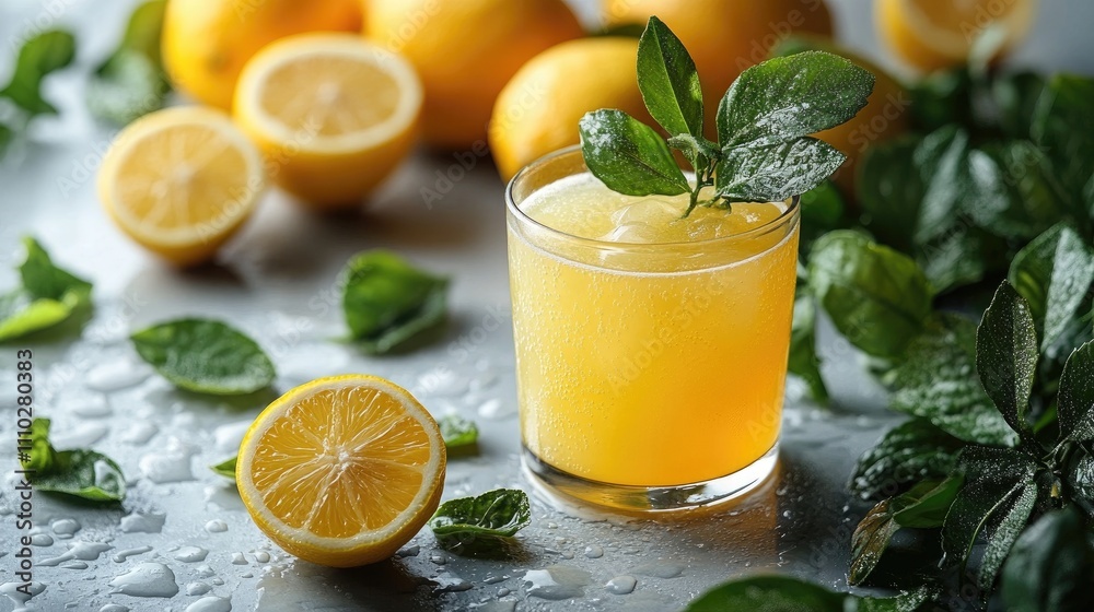 Fresh lemon juice served in a glass with halved lemons and green leaves on a light background, highlighting refreshing citrus elements. Fresh lemon juice served in a glass with halved lemons and green leaves on a light background, highlighting refreshing citrus elements.
