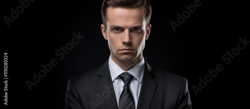 Confident businessman with serious expression in formal suit on dark background portrait shot.