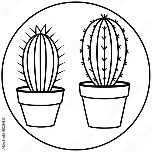 a black and white line drawing of two cactus plants in pots. The pots are round and have a small opening at the top