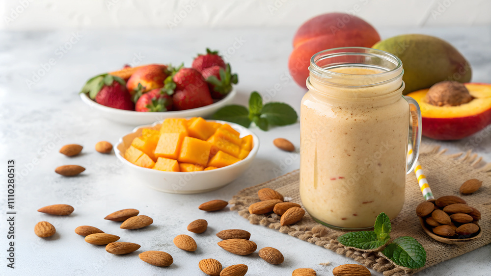 Mango smoothie with almonds and fruits in jar on light background with copy space Mango smoothie with almonds and fruits in jar on light background with copy space