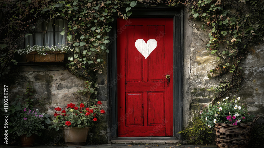 Bright red door adorned with a heart symbolizes love, perfect for Valentine\'s Day, surrounded by flowers and greenery Bright red door adorned with a heart symbolizes love, perfect for Valentine\'s Day, surrounded by flowers and greenery