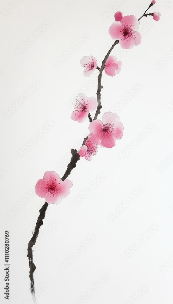A single plum blossom branch with delicate, icy detail on a minimalist background
