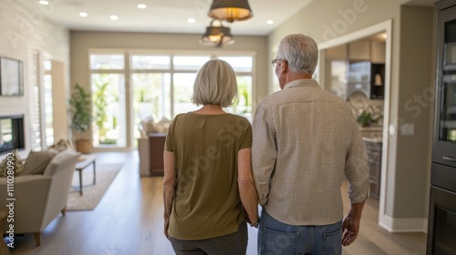 A Baby Boomer couple touring a senior-friendly housing community, considering their next chapter.