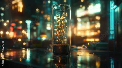 Small plants growing in a test tube representing biotechnological advancements in genetically modified organisms in a futuristic city setting