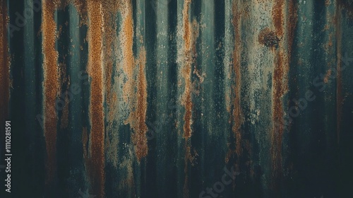 Rusty galvanized steel wall with corrugated texture showcasing weathered metal and corrosion patterns as a rustic background. photo