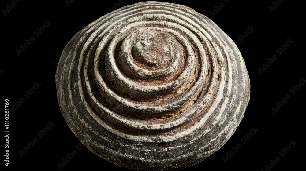 Rustic Round Sourdough Bread with Spiral Crust Texture Captured From Above on a Dark Background Rustic Round Sourdough Bread with Spiral Crust Texture Captured From Above on a Dark Background